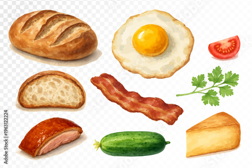 Watercolor breakfast ingredient set with rustic bread, fried egg, bacon, sausage, cucumber, parsley, cheese and tomato, cozy morning food clipart for menus and kitchen branding. Vector illustration