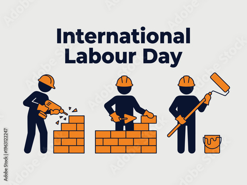 International Labour Day vector illustration, construction workers building brick walls, painting, and drilling, celebrating labor and industry, a graphic resource for worker appreciation