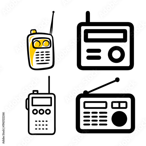 Set of radio and walkie talkie icons, communication devices for signal transmission