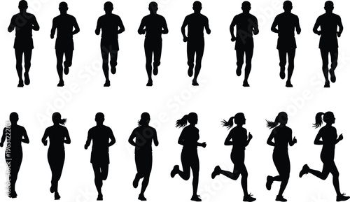 Running men and women silhouettes set featuring jogging athletes in motion fitness exercise vector illustration isolated on white background