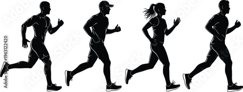 Running people silhouettes set featuring male and female joggers in motion dynamic fitness exercise vector illustration isolated on white background