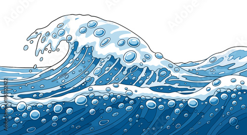 Dynamic ocean wave cresting with foam and air bubbles powerful water motion