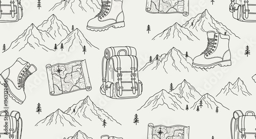 Seamless Hiking Pattern with Mountains Backpacks Boots and Maps