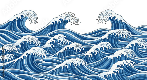 Stylized blue ocean waves crashing with white foam under clear sky