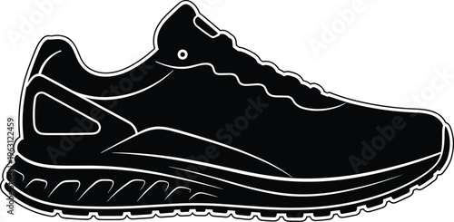Running shoe silhouette with detailed tread, cushioned sole, and athletic design features for sports, fitness, footwear, and illustration