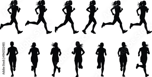 Running women silhouettes set featuring jogging female athletes in motion fitness exercise vector illustration isolated on white background for sports design