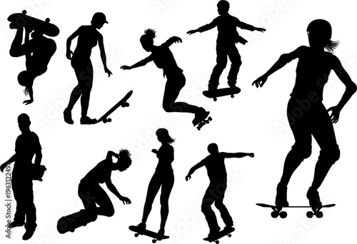 A set of skateboarders women and men or girls and boys, male and female skateboarders in silhouette.