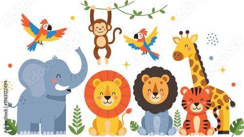 Cute Jungle Animal Cartoon Scene Featuring Elephant Lion Tiger Giraffe Monkey and Parrot in Flat Style for Kids Wildlife Design and Illustration Projects.