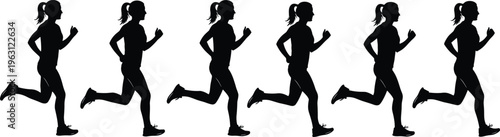 Sequence of running woman silhouettes showing jogging motion, female athlete stride cycle, fitness training activity, side view dynamic movement vector illustration