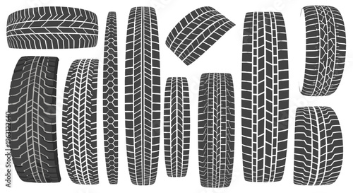Collection of diverse tire treads and tracks representing automotive