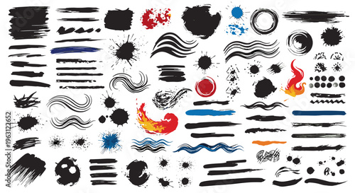 Diverse collection of dynamic brush strokes splatters and ink blots for creative