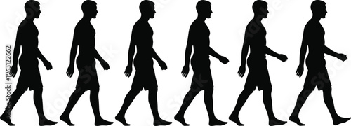 Sequence of walking man silhouettes showing human gait cycle, step by step movement, side view motion study, daily activity vector illustration