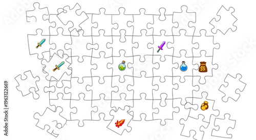 Whimsical jigsaw puzzle with fantasy game elements scattered across pieces