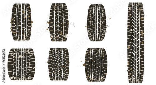 Collection of car tire tread patterns and tracks on white background