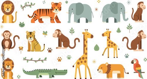 Cute Safari Animal Cartoon Collection Featuring Lion Tiger Elephant Monkey Giraffe Crocodile and Parrot in Flat Style for Kids Wildlife Design Projects.