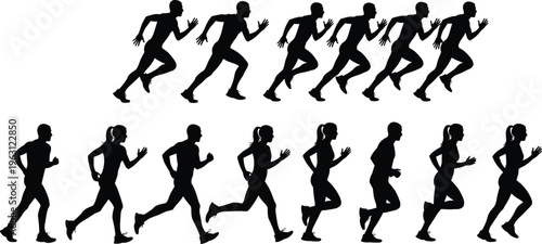 Set of male and female running silhouettes showing continuous jogging and sprint motion sequence, athletic fitness activity isolated on white background