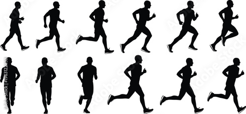 Set of male running silhouettes showing jogging and sprint motion sequence from multiple angles, athletic fitness activity isolated on white background
