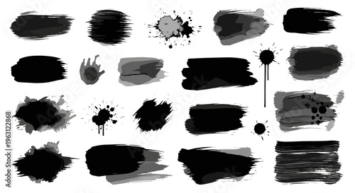 Collection of black ink splatter and brush stroke textures for artistic design