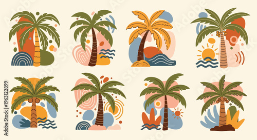 Collection of vibrant palm tree designs with abstract shapes and sunny scenes