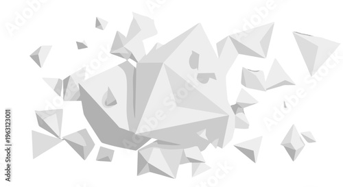 Abstract geometric explosion of white polygonal shapes and particles in motion