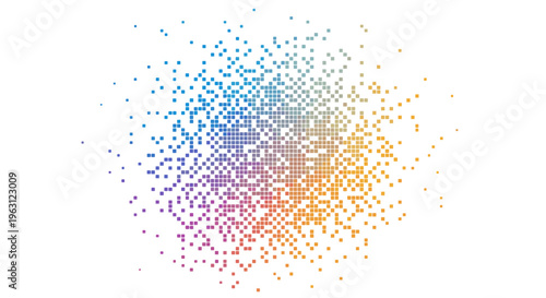 Abstract pixelated burst of rainbow colors spreading outward on white background