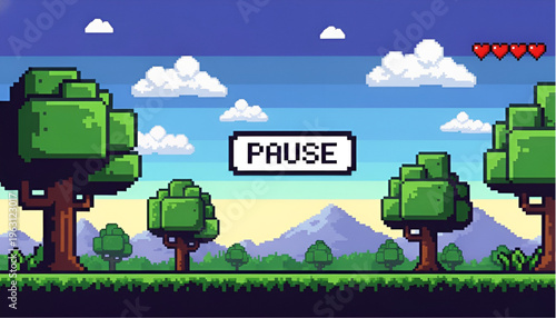 Pixel Art Forest Landscape Game Background with Pause Menu UI