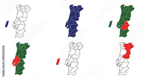 Outline maps of portugal with highlighted regions showing different administrative