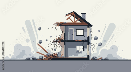 Modern Flat Vector Illustration of a Destroyed House for Disaster Relief, Property Insurance, and Demolition Concepts