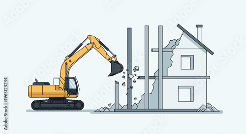 Yellow Excavator Demolishing Old House Structure, Vector Illustration for Construction and Urban Renewal Concepts
