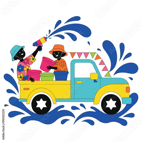 People celebrating Songkran water festival riding on truck with water guns and buckets splashing water.