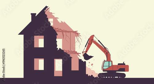Flat Illustration of an Excavator Demolishing an Old House for Urban Renewal and Construction Site Development