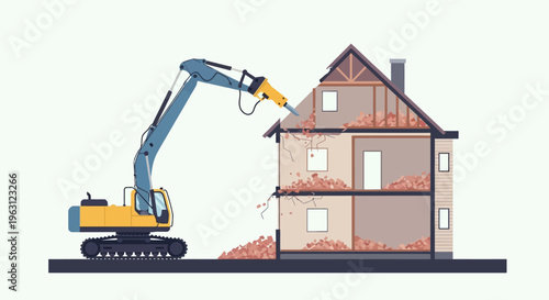 Heavy Excavator with Jackhammer Demolishing an Old House, Flat Vector Illustration of Residential Demolition and Construction Site Work