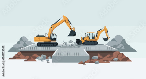 Construction Site Illustration with Yellow Excavators and Heavy Machinery on Concrete Foundation