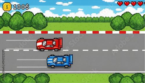 Pixel Art Racing Game Top View with Red and Blue Sports Cars