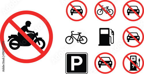 No Motorbike and Vehicle Restriction Icon Set with Prohibited Car Bicycle Parking Fuel Station Symbols Traffic Regulation Signs for Road Safety Vector Illustration