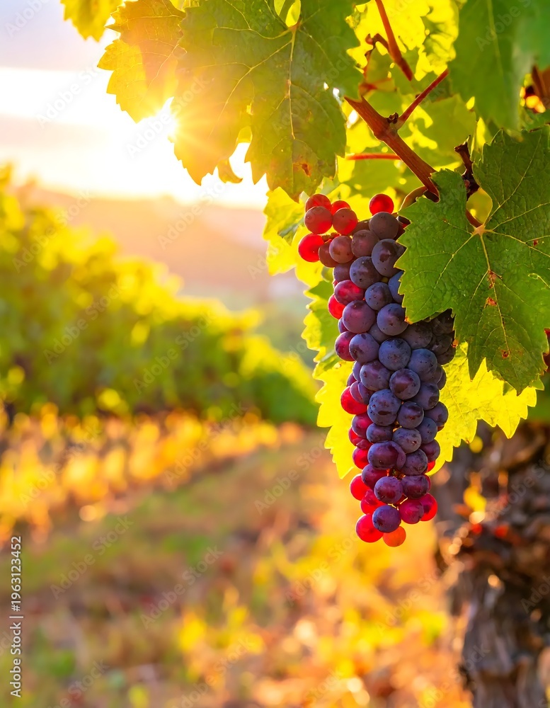 Fototapeta premium A serene vineyard scene at sunset with lush grapes (1)