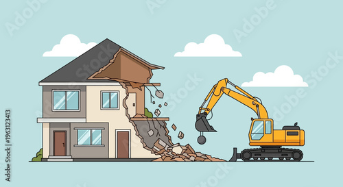 Yellow Excavator Demolishing Modern House, Flat Vector Illustration of Building Destruction and Site Clearance Concept