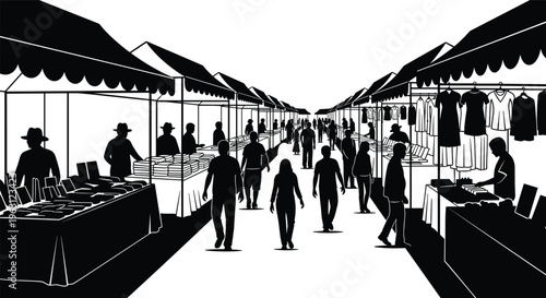 Outdoor street market silhouette with shoppers and vendor stalls, retail shopping and local bazaar concept isolated on light background