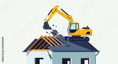 Yellow Excavator Demolishing Residential House Roof, Professional Home Destruction and Property Renovation Concept, Flat Vector Illustration for Construction and Real Estate