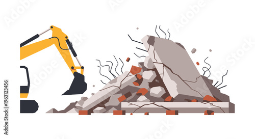 Flat Vector Illustration of an Excavator Digger Clearing a Pile of Construction Rubble and Demolition Debris Isolated on White Background