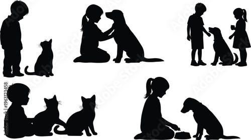 Children with pets silhouettes set, kids playing, feeding and caring for dogs and cats, cute friendship and animal care illustration isolated on white background