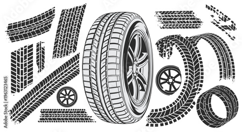 Collection of car tire tracks and tread patterns vector graphics and wheel