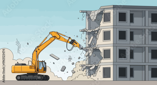Yellow Excavator with Hydraulic Breaker Demolishing an Old Concrete Building for Urban Redevelopment - Flat Vector Illustration