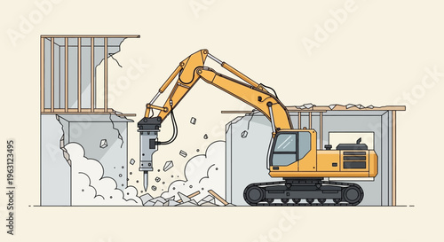 Yellow Excavator with Hydraulic Breaker Jackhammer Demolishing Building Structure, Construction Site Vector Illustration for Urban Renewal and Renovation Projects