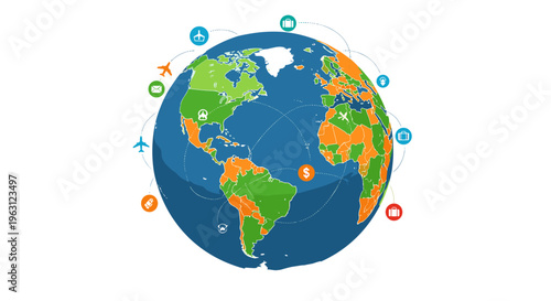 Global travel and tourism connectivity with airplane routes and world map icons