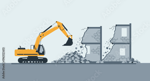 Yellow Excavator Demolishing a Brick Building Vector Illustration for Construction and Urban Renewal Concepts