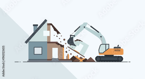 Flat Vector Illustration of Excavator Demolishing a House for Urban Renewal and Real Estate Construction Project