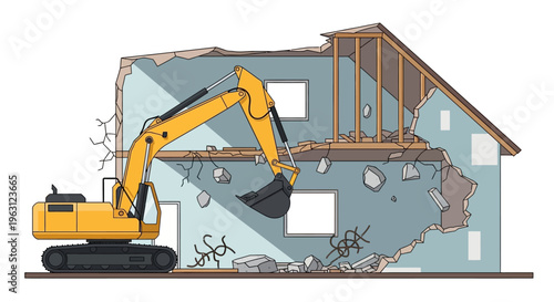 Yellow Excavator Machine Demolishing a Residential Building House, Vector Illustration of Construction Demolition and Urban Renewal