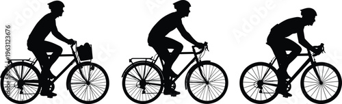 Cyclist silhouettes set showing different riding styles, commuter and road bike positions, active lifestyle illustration isolated on white background for fitness and transportation concept