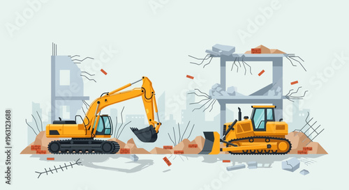 Yellow Excavator and Bulldozer Demolishing Building at Construction Site Vector Illustration. Heavy Machinery Clearing Rubble and Debris for Urban Renewal and Development.